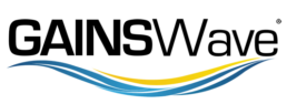 A blue and yellow wave logo featuring the keywords 