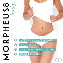 Midsection of a person in workout attire with icons highlighting the benefits of a skin and body treatment called morpheus8 body, renowned for its Collagen Induction Therapy.